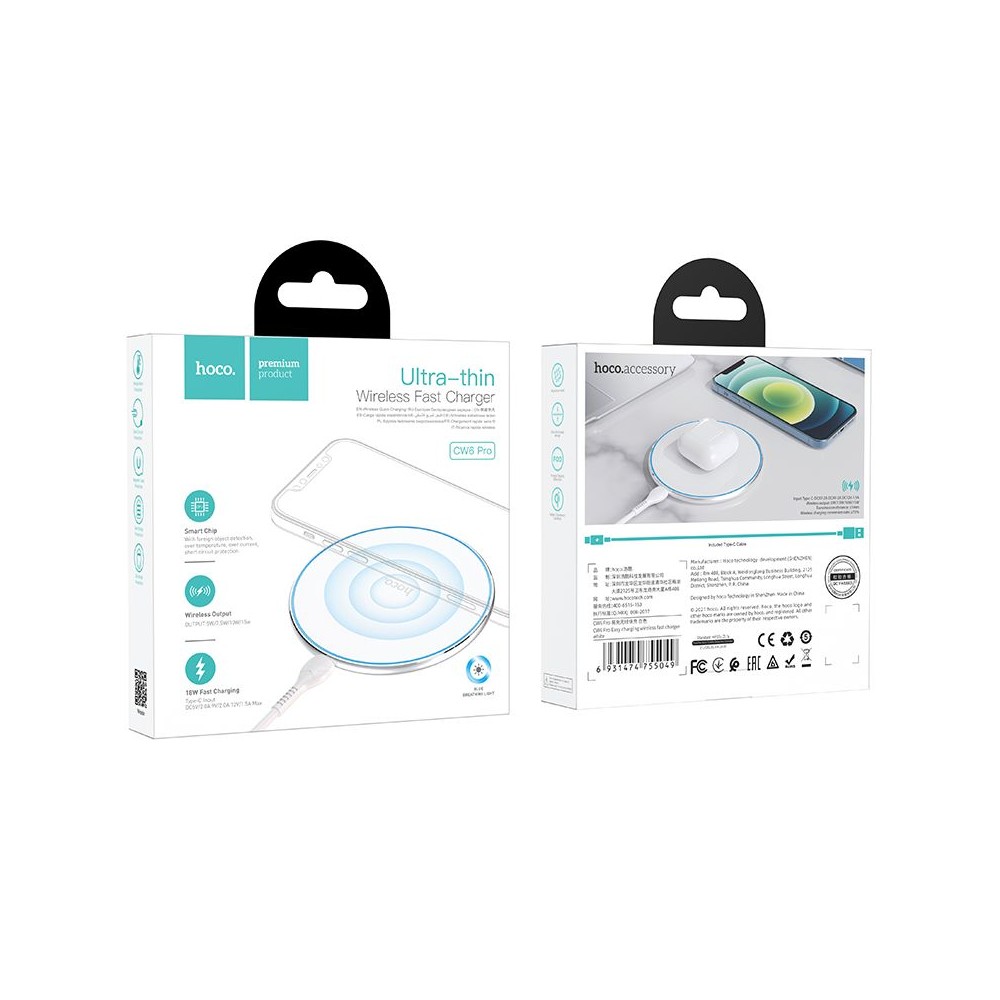 CARICABATTERIE WIRELESS HOCO 15W + CAVO USB-C CW6 PRO BIANCO